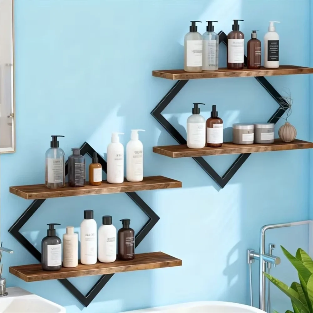 💠 Petite Black and Brown Diamond Floating Wall Shelves – Set of 2 Units